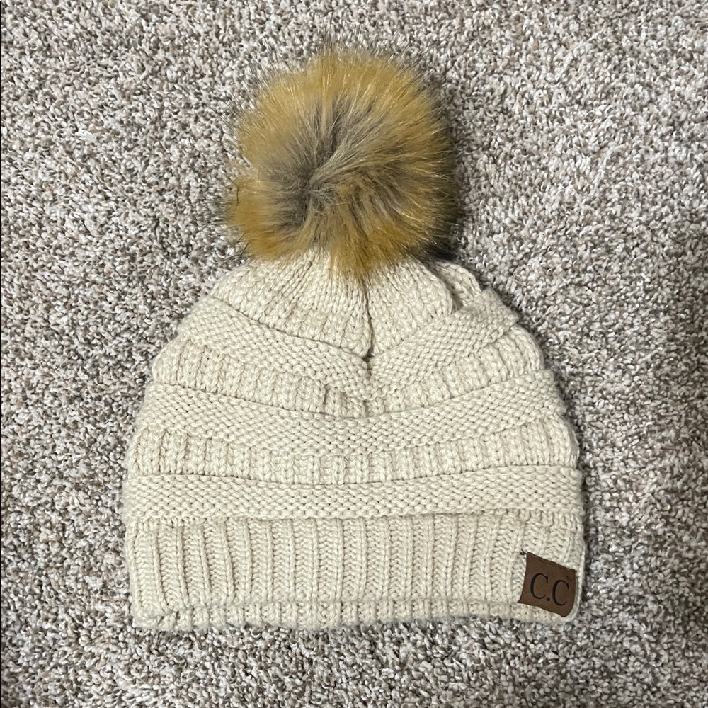 C.C Beige Knit Beanie with Faux Fur Pom Pom